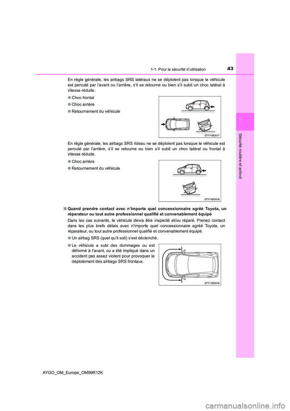 TOYOTA AYGO 2018 Notices Demploi (in French) 431-1. Pour la sécurité d’utilisation
1
Sécurité routière et antivol
AYGO_OM_Europe_OM99R12K
En règle générale, les airbags SRS latéraux ne se déploient pas lorsque le véhicule
est perc TOYOTA AYGO 2018 Notices Demploi (in French) 431-1. Pour la sécurité d’utilisation
1
Sécurité routière et antivol
AYGO_OM_Europe_OM99R12K
En règle générale, les airbags SRS latéraux ne se déploient pas lorsque le véhicule
est perc