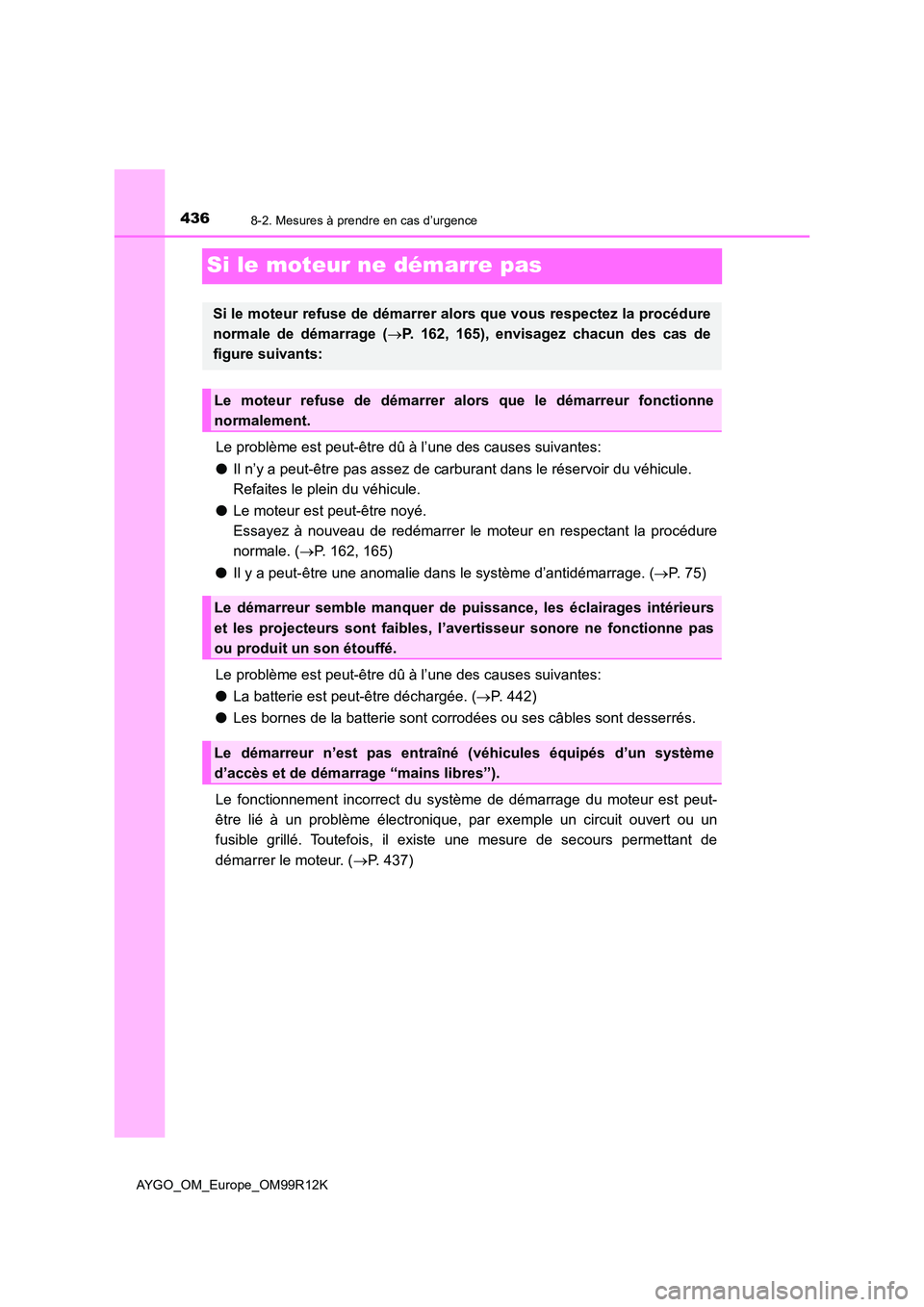 TOYOTA AYGO 2018 Notices Demploi (in French) 4368-2. Mesures à prendre en cas d’urgence
AYGO_OM_Europe_OM99R12K
Si le moteur ne démarre pas
Le problème est peut-être dû à l’une des causes suivantes:
● Il n’y a peut-être pas assez TOYOTA AYGO 2018 Notices Demploi (in French) 4368-2. Mesures à prendre en cas d’urgence
AYGO_OM_Europe_OM99R12K
Si le moteur ne démarre pas
Le problème est peut-être dû à l’une des causes suivantes:
● Il n’y a peut-être pas assez
