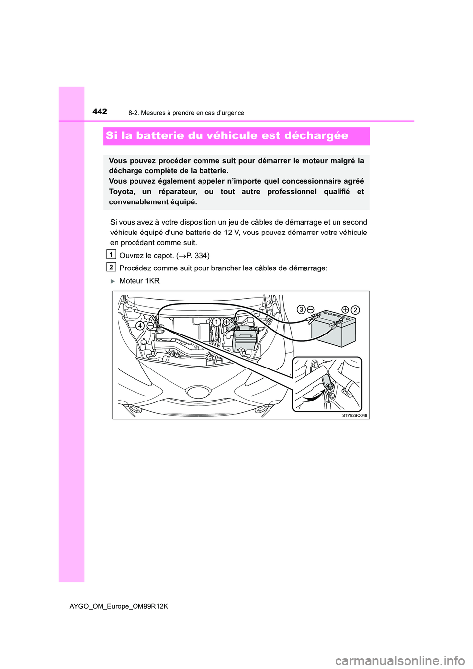 TOYOTA AYGO 2018 Notices Demploi (in French) 4428-2. Mesures à prendre en cas d’urgence
AYGO_OM_Europe_OM99R12K
Si la batterie du véhicule est déchargée
Si vous avez à votre disposition un jeu de câbles de démarrage et un second
véhic TOYOTA AYGO 2018 Notices Demploi (in French) 4428-2. Mesures à prendre en cas d’urgence
AYGO_OM_Europe_OM99R12K
Si la batterie du véhicule est déchargée
Si vous avez à votre disposition un jeu de câbles de démarrage et un second
véhic