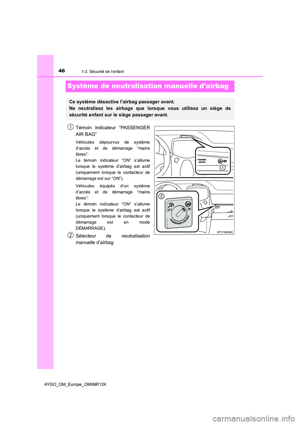 TOYOTA AYGO 2018 Notices Demploi (in French) 461-2. Sécurité de l’enfant
AYGO_OM_Europe_OM99R12K
Système de neutralisation manuelle d’airbag
Témoin indicateur “PASSENGER
AIR BAG”
Véhicules dépourvus de système
d’accès et de d TOYOTA AYGO 2018 Notices Demploi (in French) 461-2. Sécurité de l’enfant
AYGO_OM_Europe_OM99R12K
Système de neutralisation manuelle d’airbag
Témoin indicateur “PASSENGER
AIR BAG”
Véhicules dépourvus de système
d’accès et de d
