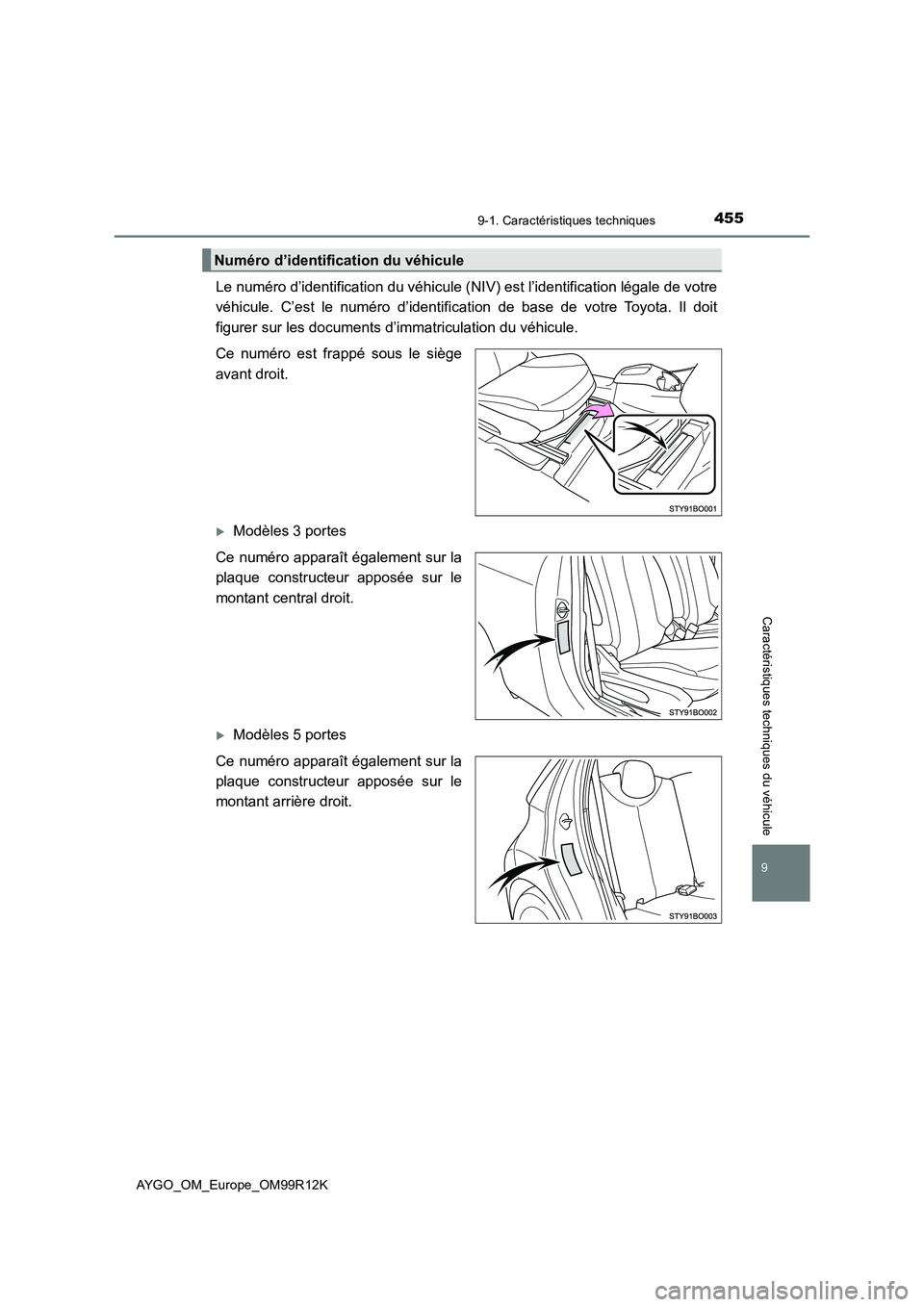 TOYOTA AYGO 2018 Notices Demploi (in French) 4559-1. Caractéristiques techniques
AYGO_OM_Europe_OM99R12K
9
Caractéristiques techniques du véhicule
Le numéro d’identification du véhicule (NIV) est l’identification légale de votre
véhi TOYOTA AYGO 2018 Notices Demploi (in French) 4559-1. Caractéristiques techniques
AYGO_OM_Europe_OM99R12K
9
Caractéristiques techniques du véhicule
Le numéro d’identification du véhicule (NIV) est l’identification légale de votre
véhi