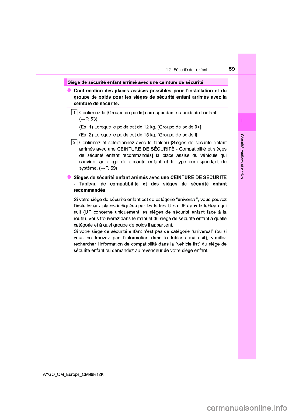 TOYOTA AYGO 2018 Notices Demploi (in French) 591-2. Sécurité de l’enfant
1
Sécurité routière et antivol
AYGO_OM_Europe_OM99R12K
◆Confirmation des places assises possibles pour l’installation et du
groupe de poids pour les sièges de TOYOTA AYGO 2018 Notices Demploi (in French) 591-2. Sécurité de l’enfant
1
Sécurité routière et antivol
AYGO_OM_Europe_OM99R12K
◆Confirmation des places assises possibles pour l’installation et du
groupe de poids pour les sièges de