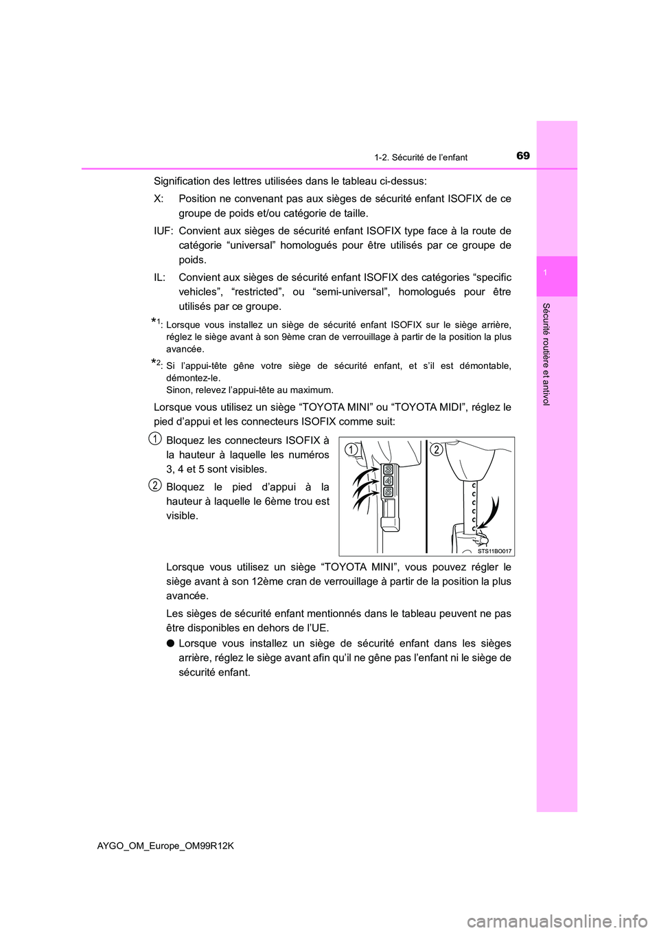 TOYOTA AYGO 2018 Notices Demploi (in French) 691-2. Sécurité de l’enfant
1
Sécurité routière et antivol
AYGO_OM_Europe_OM99R12K
Signification des lettres utilisées dans le tableau ci-dessus:
X: Position ne convenant pas aux sièges de s TOYOTA AYGO 2018 Notices Demploi (in French) 691-2. Sécurité de l’enfant
1
Sécurité routière et antivol
AYGO_OM_Europe_OM99R12K
Signification des lettres utilisées dans le tableau ci-dessus:
X: Position ne convenant pas aux sièges de s