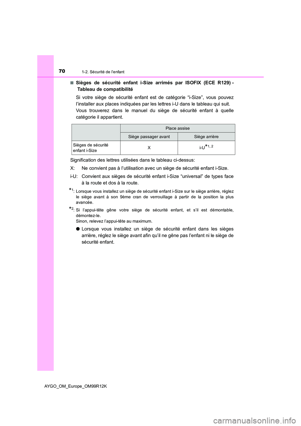 TOYOTA AYGO 2018 Notices Demploi (in French) 701-2. Sécurité de l’enfant
AYGO_OM_Europe_OM99R12K
■Sièges de sécurité enfant i-Size arrimés par ISOFIX (ECE R129) -
Tableau de compatibilité
Si votre siège de sécurité enfant est de TOYOTA AYGO 2018 Notices Demploi (in French) 701-2. Sécurité de l’enfant
AYGO_OM_Europe_OM99R12K
■Sièges de sécurité enfant i-Size arrimés par ISOFIX (ECE R129) -
Tableau de compatibilité
Si votre siège de sécurité enfant est de