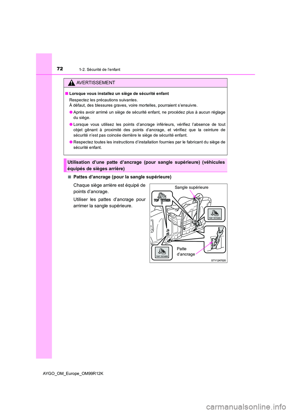 TOYOTA AYGO 2018  Notices Demploi (in French) 721-2. Sécurité de l’enfant
AYGO_OM_Europe_OM99R12K 
■Pattes d’ancrage (pour la sangle supérieure) 
Chaque siège arrière est équipé de 
points d’ancrage. 
Utiliser les pattes d’ancrag
