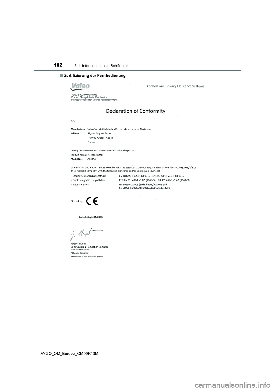 TOYOTA AYGO 2018  Betriebsanleitungen (in German) 1023-1. Informationen zu Schlüsseln
AYGO_OM_Europe_OM99R13M 
■ Zertifizierung der Fernbedienung 