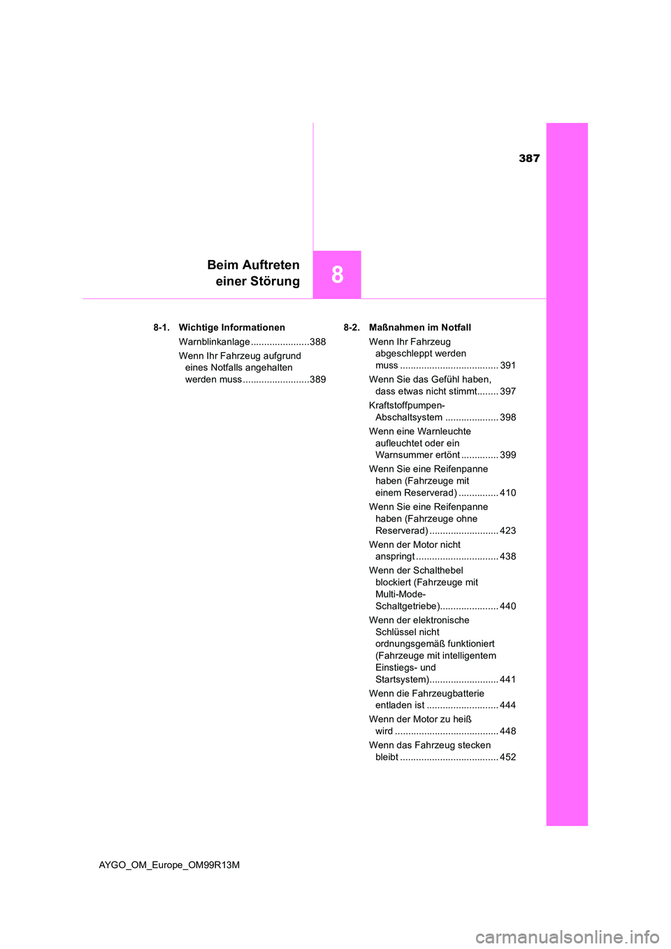 TOYOTA AYGO 2018  Betriebsanleitungen (in German) 387
8
Beim Auftreten 
einer Störung
AYGO_OM_Europe_OM99R13M 
8-1. Wichtige Informationen 
Warnblinkanlage ......................388 
Wenn Ihr Fahrzeug aufgrund  
eines Notfalls angehalten  
werden mu