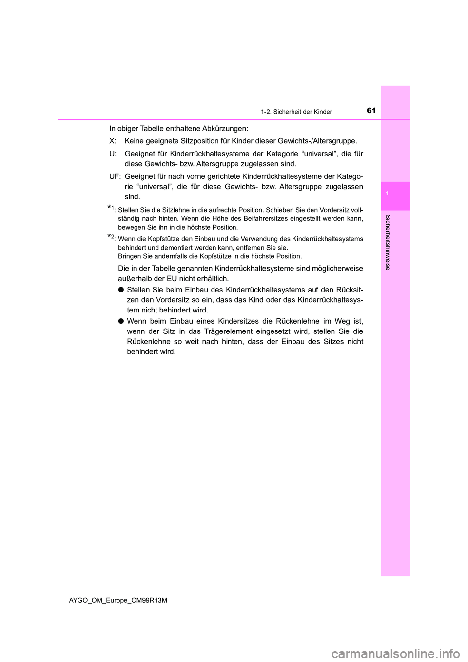 TOYOTA AYGO 2018 Betriebsanleitungen (in German) 611-2. Sicherheit der Kinder
1
Sicherheitshinweise
AYGO_OM_Europe_OM99R13M
In obiger Tabelle enthaltene Abkürzungen:
X: Keine geeignete Sitzposition für Kinder dieser Gewichts-/Altersgruppe.
U: Ge TOYOTA AYGO 2018 Betriebsanleitungen (in German) 611-2. Sicherheit der Kinder
1
Sicherheitshinweise
AYGO_OM_Europe_OM99R13M
In obiger Tabelle enthaltene Abkürzungen:
X: Keine geeignete Sitzposition für Kinder dieser Gewichts-/Altersgruppe.
U: Ge