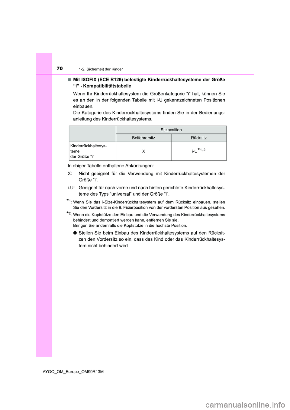 TOYOTA AYGO 2018 Betriebsanleitungen (in German) 701-2. Sicherheit der Kinder
AYGO_OM_Europe_OM99R13M
■Mit ISOFIX (ECE R129) befestigte Kinderrückhaltesysteme der Größe
“i” - Kompatibilitätstabelle
Wenn Ihr Kinderrückhaltesystem die Gr TOYOTA AYGO 2018 Betriebsanleitungen (in German) 701-2. Sicherheit der Kinder
AYGO_OM_Europe_OM99R13M
■Mit ISOFIX (ECE R129) befestigte Kinderrückhaltesysteme der Größe
“i” - Kompatibilitätstabelle
Wenn Ihr Kinderrückhaltesystem die Gr