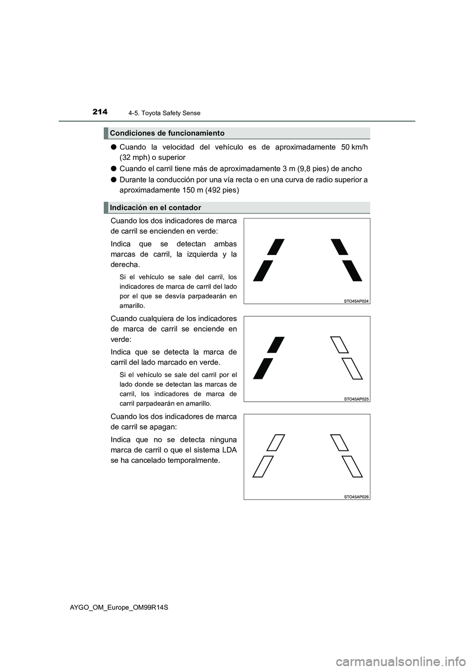 TOYOTA AYGO 2018  Manuale de Empleo (in Spanish) 2144-5. Toyota Safety Sense
AYGO_OM_Europe_OM99R14S
●Cuando la velocidad del vehículo es de aproximadamente 50 km/h 
(32 mph) o superior 
● Cuando el carril tiene más de aproximadamente 3 m (9,8
