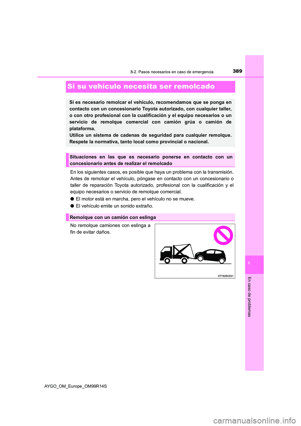 TOYOTA AYGO 2018 Manuale de Empleo (in Spanish) 3898-2. Pasos necesarios en caso de emergencia
8
En caso de problemas
AYGO_OM_Europe_OM99R14S
Si su vehículo necesita ser remolcado
En los siguientes casos, es posible que haya un problema con la tra TOYOTA AYGO 2018 Manuale de Empleo (in Spanish) 3898-2. Pasos necesarios en caso de emergencia
8
En caso de problemas
AYGO_OM_Europe_OM99R14S
Si su vehículo necesita ser remolcado
En los siguientes casos, es posible que haya un problema con la tra
