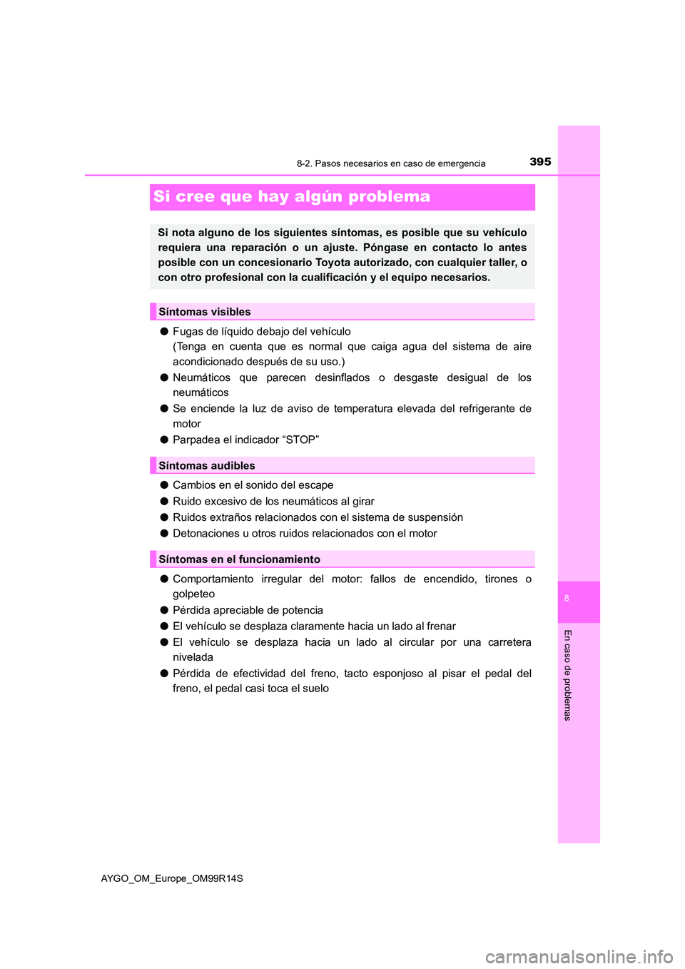 TOYOTA AYGO 2018 Manuale de Empleo (in Spanish) 3958-2. Pasos necesarios en caso de emergencia
8
En caso de problemas
AYGO_OM_Europe_OM99R14S
Si cree que hay algún problema
●Fugas de líquido debajo del vehículo
(Tenga en cuenta que es normal TOYOTA AYGO 2018 Manuale de Empleo (in Spanish) 3958-2. Pasos necesarios en caso de emergencia
8
En caso de problemas
AYGO_OM_Europe_OM99R14S
Si cree que hay algún problema
●Fugas de líquido debajo del vehículo
(Tenga en cuenta que es normal