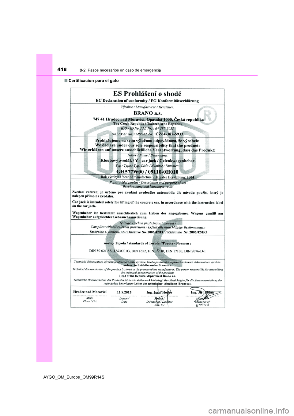 TOYOTA AYGO 2018 Manuale de Empleo (in Spanish) 4188-2. Pasos necesarios en caso de emergencia
AYGO_OM_Europe_OM99R14S
■ Certificación para el gato TOYOTA AYGO 2018 Manuale de Empleo (in Spanish) 4188-2. Pasos necesarios en caso de emergencia
AYGO_OM_Europe_OM99R14S
■ Certificación para el gato