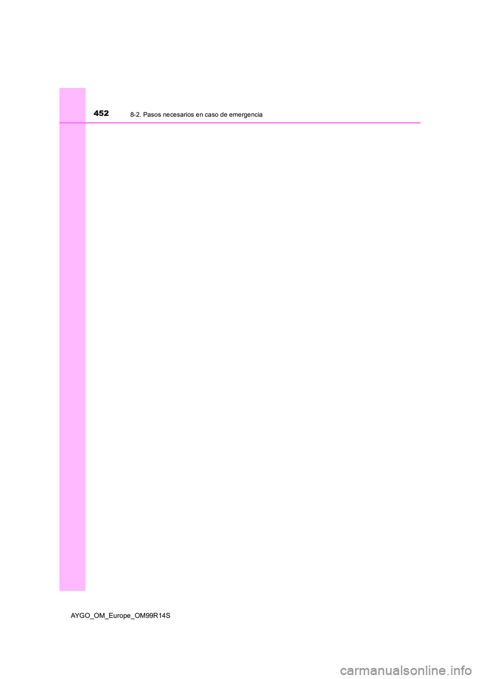 TOYOTA AYGO 2018  Manuale de Empleo (in Spanish) 4528-2. Pasos necesarios en caso de emergencia
AYGO_OM_Europe_OM99R14S 
