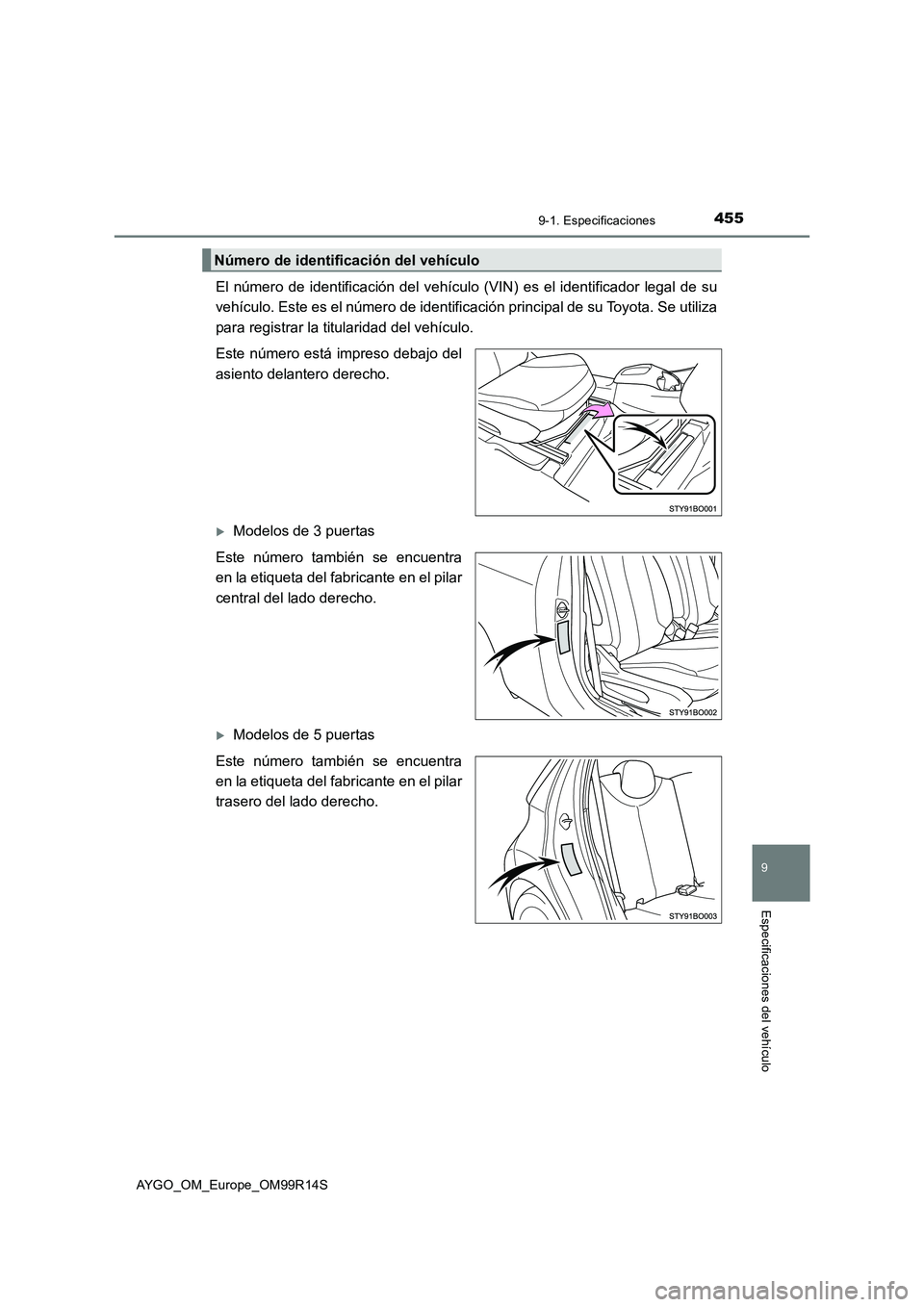 TOYOTA AYGO 2018  Manuale de Empleo (in Spanish) 4559-1. Especificaciones
9
Especificaciones del vehículo
AYGO_OM_Europe_OM99R14S
El número de identificación del vehículo (VIN) es el identificador legal de su 
vehículo. Este es el número de id