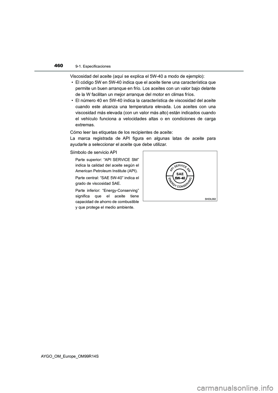 TOYOTA AYGO 2018  Manuale de Empleo (in Spanish) 4609-1. Especificaciones
AYGO_OM_Europe_OM99R14S
Viscosidad del aceite (aquí se explica el 5W-40 a modo de ejemplo): 
• El código 5W en 5W-40 indica que el  aceite tiene una característica que 
p