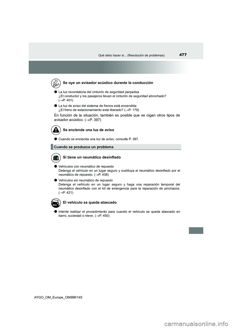 TOYOTA AYGO 2018  Manuale de Empleo (in Spanish) 477Qué debo hacer si... (Resolución de problemas)
AYGO_OM_Europe_OM99R14S
●La luz recordatoria del cinturón de seguridad parpadea  
¿El conductor y los pasajeros llevan el cinturón de seguridad