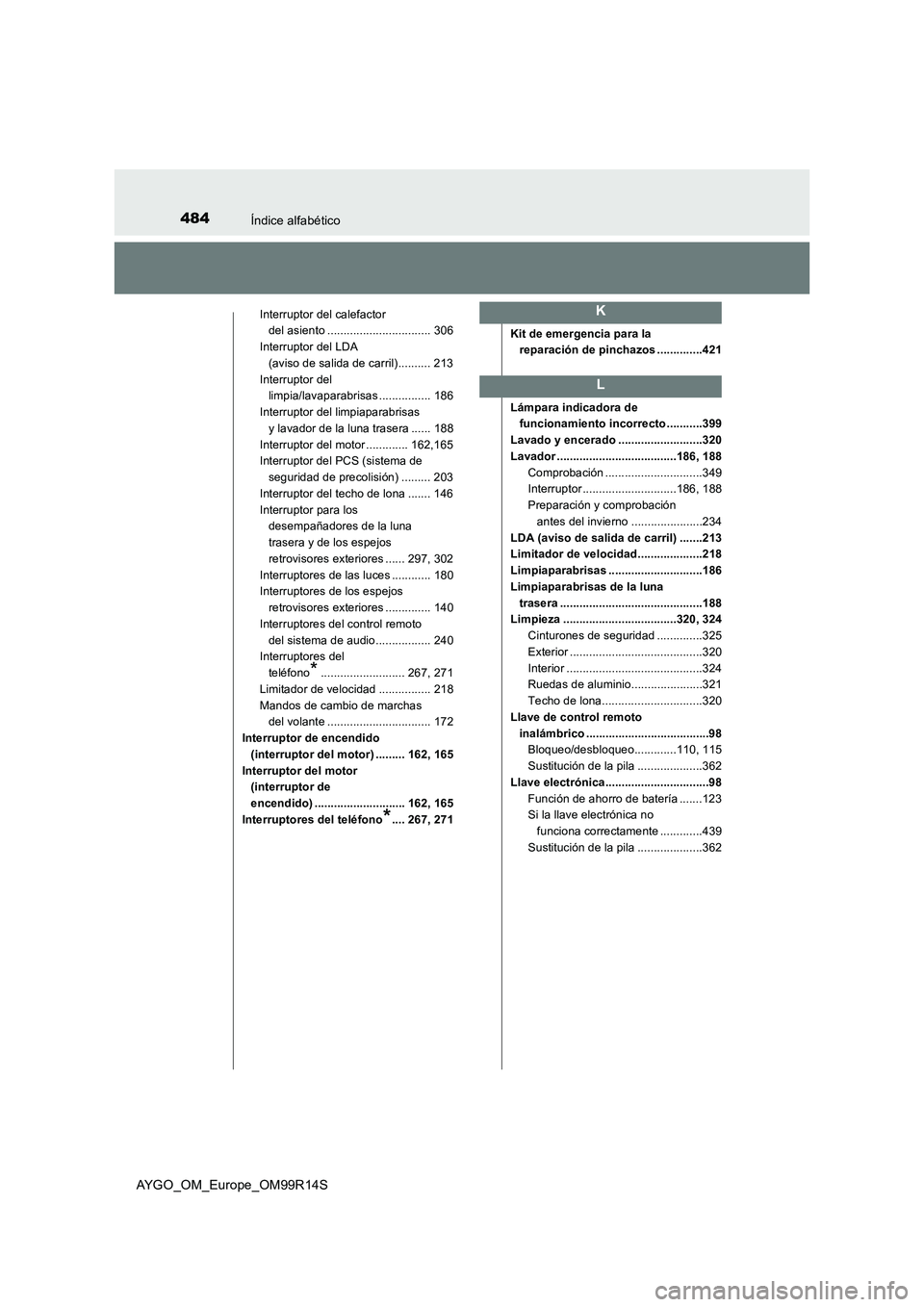 TOYOTA AYGO 2018  Manuale de Empleo (in Spanish) 484Índice alfabético
AYGO_OM_Europe_OM99R14S
Interruptor del calefactor  
del asiento ................................ 306 
Interruptor del LDA  
(aviso de salida de carril).......... 213 
Interrupt