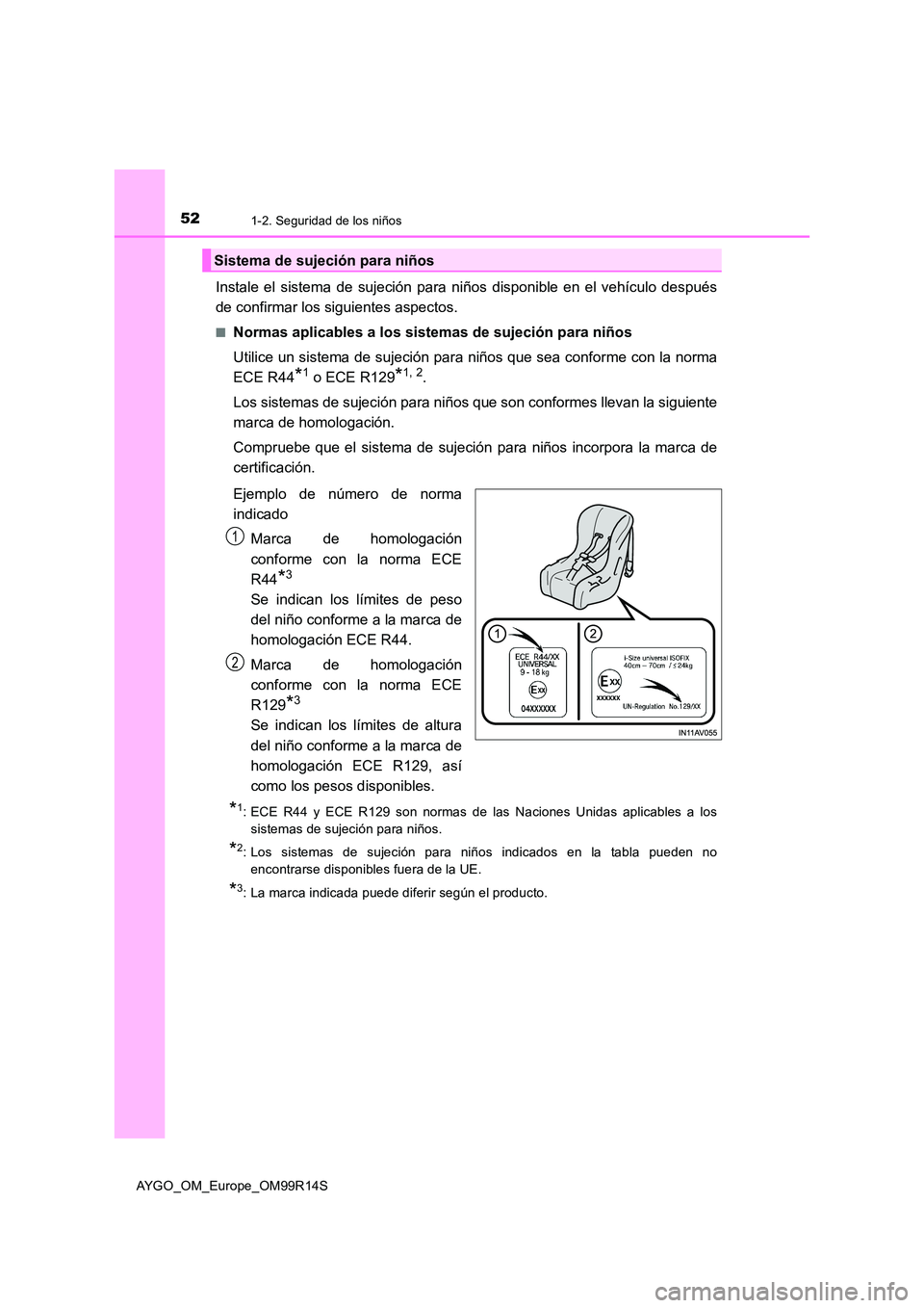 TOYOTA AYGO 2018 Manuale de Empleo (in Spanish) 521-2. Seguridad de los niños
AYGO_OM_Europe_OM99R14S
Instale el sistema de sujeción para niños disponible en el vehículo después
de confirmar los siguientes aspectos.
■Normas aplicables a los TOYOTA AYGO 2018 Manuale de Empleo (in Spanish) 521-2. Seguridad de los niños
AYGO_OM_Europe_OM99R14S
Instale el sistema de sujeción para niños disponible en el vehículo después
de confirmar los siguientes aspectos.
■Normas aplicables a los