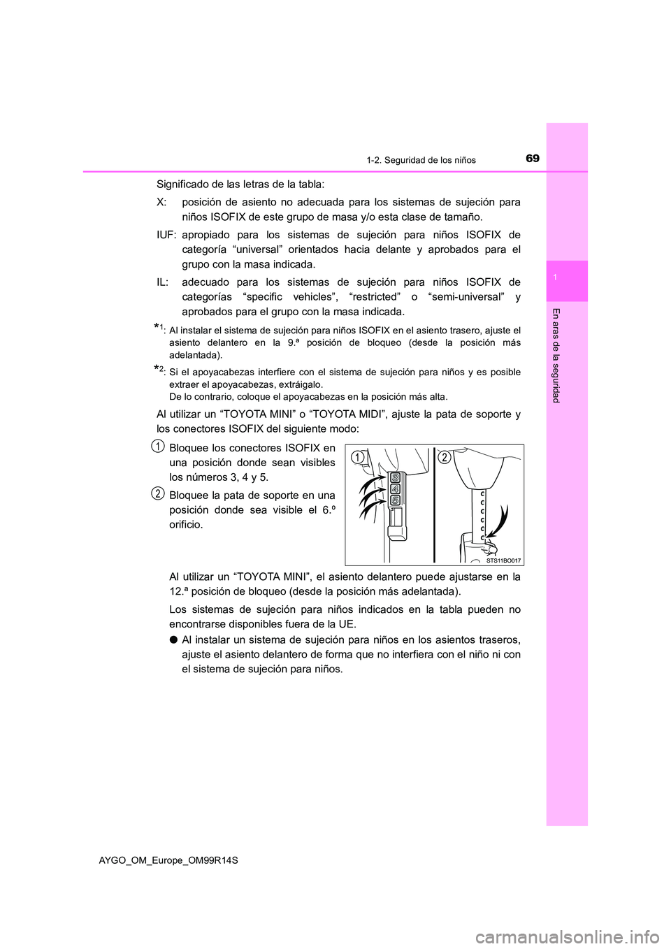 TOYOTA AYGO 2018 Manuale de Empleo (in Spanish) 691-2. Seguridad de los niños
1
En aras de la seguridad
AYGO_OM_Europe_OM99R14S
Significado de las letras de la tabla:
X: posición de asiento no adecuada para los sistemas de sujeción para
niños TOYOTA AYGO 2018 Manuale de Empleo (in Spanish) 691-2. Seguridad de los niños
1
En aras de la seguridad
AYGO_OM_Europe_OM99R14S
Significado de las letras de la tabla:
X: posición de asiento no adecuada para los sistemas de sujeción para
niños