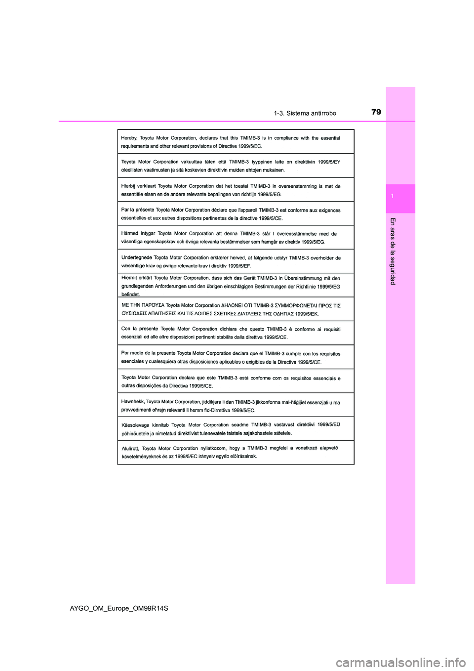 TOYOTA AYGO 2018  Manuale de Empleo (in Spanish) 791-3. Sistema antirrobo
1
En aras de la seguridad
AYGO_OM_Europe_OM99R14S 