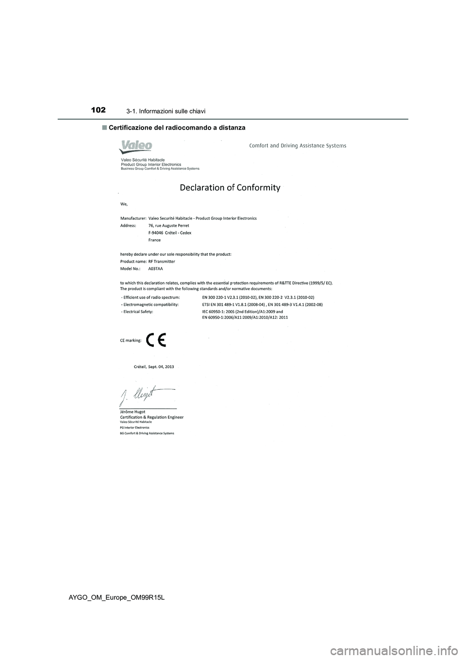 TOYOTA AYGO 2018  Manuale duso (in Italian) 1023-1. Informazioni sulle chiavi
AYGO_OM_Europe_OM99R15L 
■ Certificazione del radiocomando a distanza 