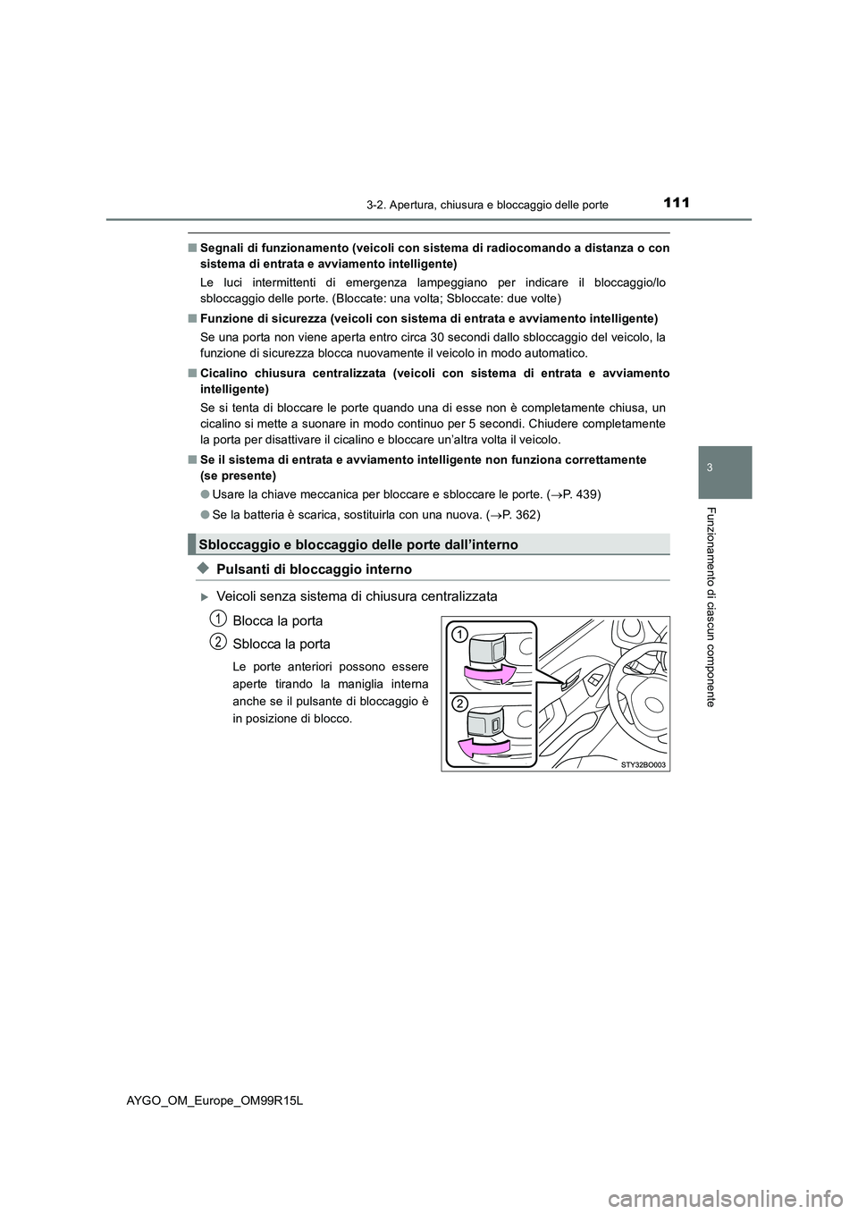 TOYOTA AYGO 2018 Manuale duso (in Italian) 1113-2. Apertura, chiusura e bloccaggio delle porte
3
Funzionamento di ciascun componente
AYGO_OM_Europe_OM99R15L
■Segnali di funzionamento (veicoli con sistema di radiocomando a distanza o con
sis TOYOTA AYGO 2018 Manuale duso (in Italian) 1113-2. Apertura, chiusura e bloccaggio delle porte
3
Funzionamento di ciascun componente
AYGO_OM_Europe_OM99R15L
■Segnali di funzionamento (veicoli con sistema di radiocomando a distanza o con
sis