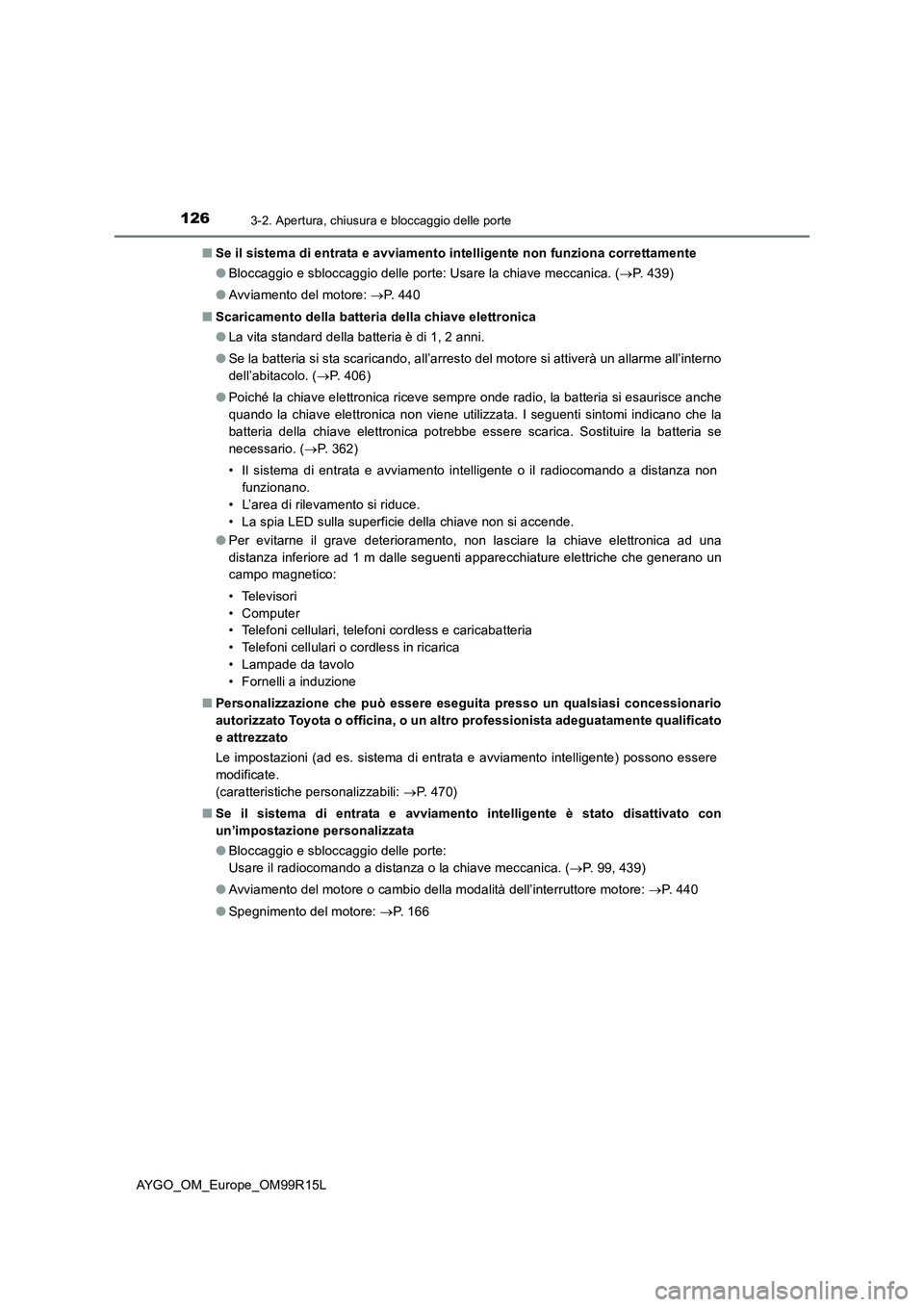 TOYOTA AYGO 2018 Manuale duso (in Italian) 1263-2. Apertura, chiusura e bloccaggio delle porte
AYGO_OM_Europe_OM99R15L
■ Se il sistema di entrata e avviamento intelligente non funziona correttamente
● Bloccaggio e sbloccaggio delle porte TOYOTA AYGO 2018 Manuale duso (in Italian) 1263-2. Apertura, chiusura e bloccaggio delle porte
AYGO_OM_Europe_OM99R15L
■ Se il sistema di entrata e avviamento intelligente non funziona correttamente
● Bloccaggio e sbloccaggio delle porte