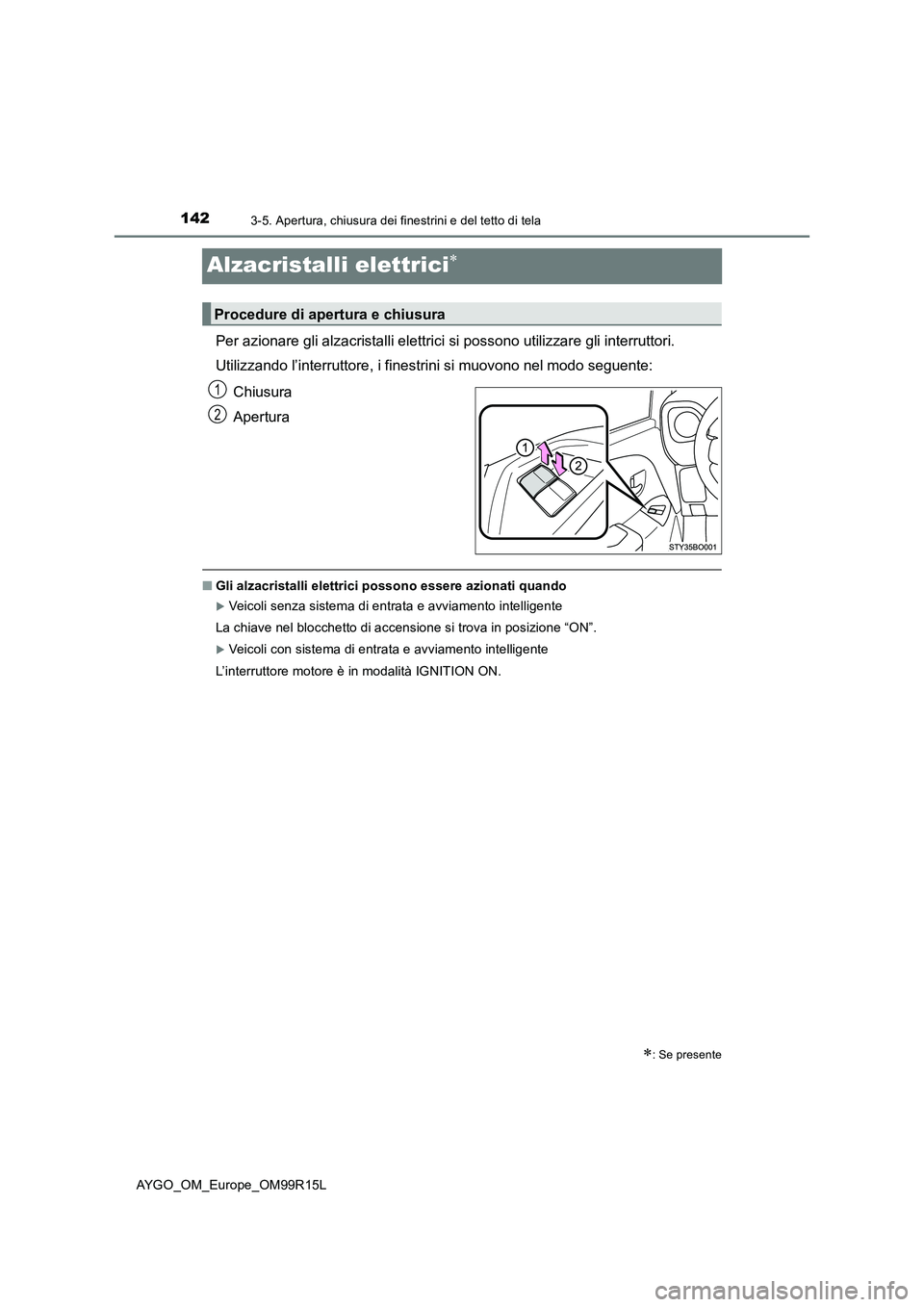 TOYOTA AYGO 2018  Manuale duso (in Italian) 1423-5. Apertura, chiusura dei finestrini e del tetto di tela
AYGO_OM_Europe_OM99R15L
Alzacristalli elettrici
Per azionare gli alzacristalli elettrici si possono utilizzare gli interruttori. 
Utili