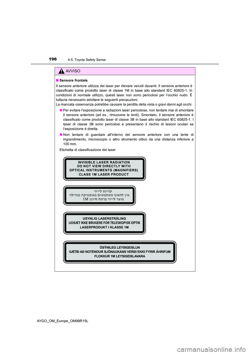 TOYOTA AYGO 2018  Manuale duso (in Italian) 1964-5. Toyota Safety Sense
AYGO_OM_Europe_OM99R15L
AVVISO
■Sensore frontale 
Il sensore anteriore utilizza dei laser per rilevare veicoli davanti. Il sensore anteriore è 
classificato come prodott