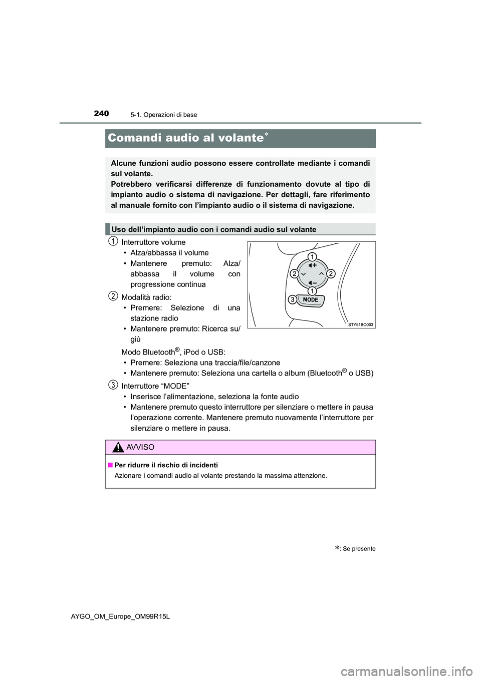 TOYOTA AYGO 2018  Manuale duso (in Italian) 2405-1. Operazioni di base
AYGO_OM_Europe_OM99R15L
Comandi audio al volante
Interruttore volume 
• Alza/abbassa il volume 
• Mantenere premuto: Alza/ 
abbassa il volume con
progressione continu