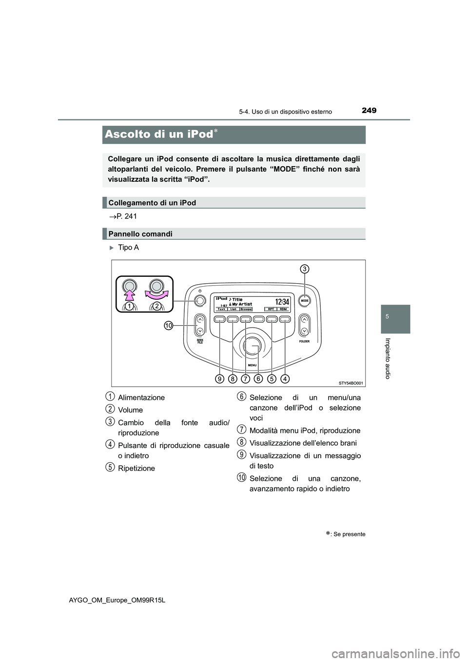 TOYOTA AYGO 2018  Manuale duso (in Italian) 249
5
5-4. Uso di un dispositivo esterno
Impianto audio
AYGO_OM_Europe_OM99R15L
Ascolto di un iPod
P. 241
Tipo A
: Se presente
Collegare un iPod consente di ascoltare la musica direttament