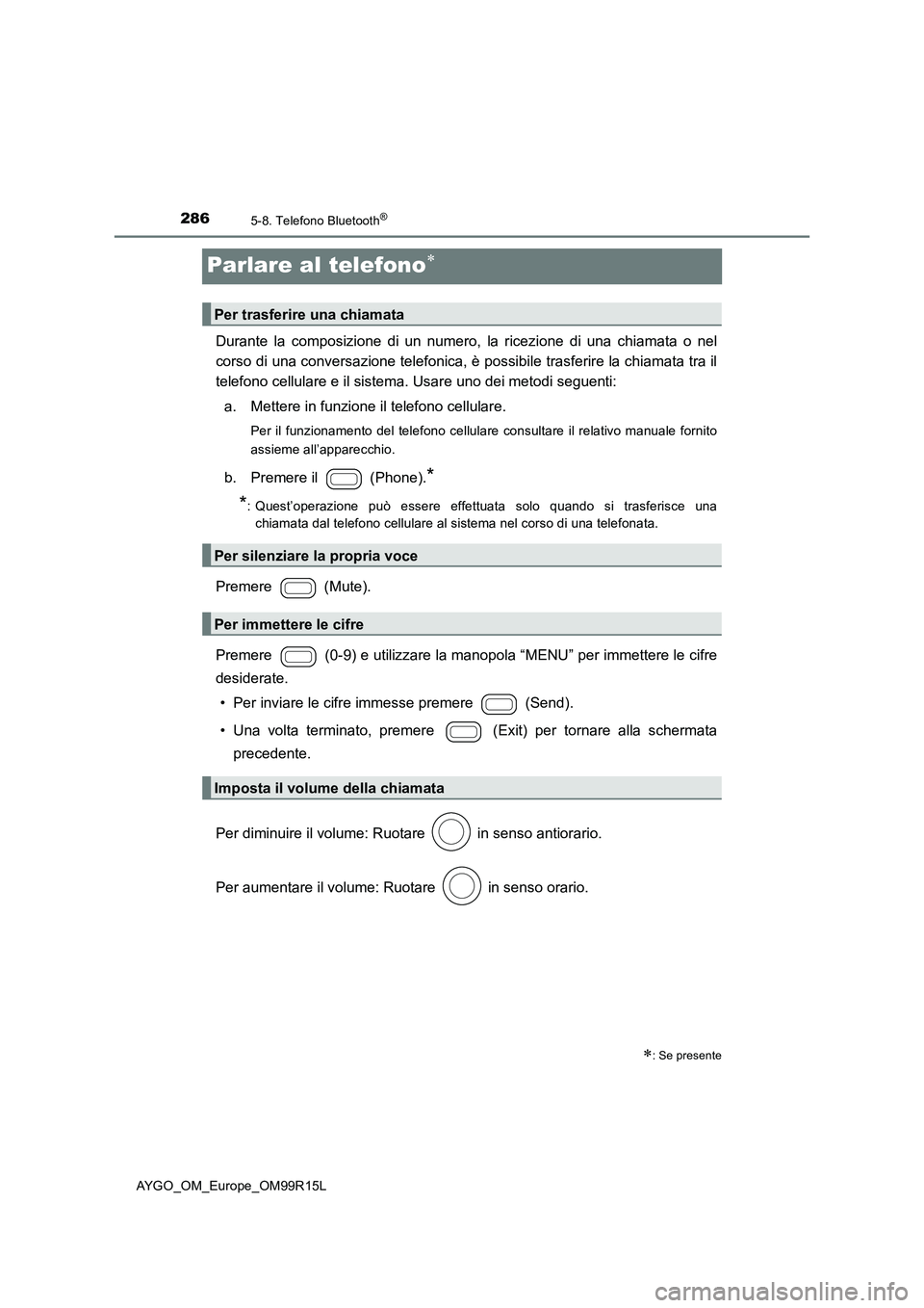 TOYOTA AYGO 2018  Manuale duso (in Italian) 2865-8. Telefono Bluetooth®
AYGO_OM_Europe_OM99R15L
Parlare al telefono
Durante la composizione di un numero, la ricezione di una chiamata o nel 
corso di una conversazione telefonica, è possibil