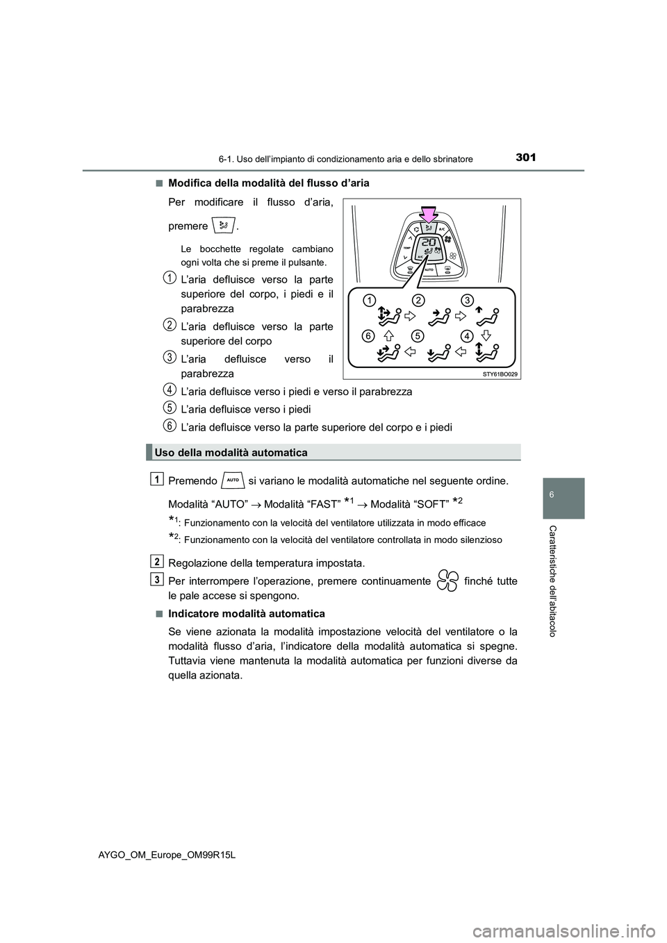 TOYOTA AYGO 2018  Manuale duso (in Italian) 3016-1. Uso dell’impianto di condizionamento aria e dello sbrinatore
6
Caratteristiche dell’abitacolo
AYGO_OM_Europe_OM99R15L 
■Modifica della modalità del flusso d’aria 
Per modificare il fl