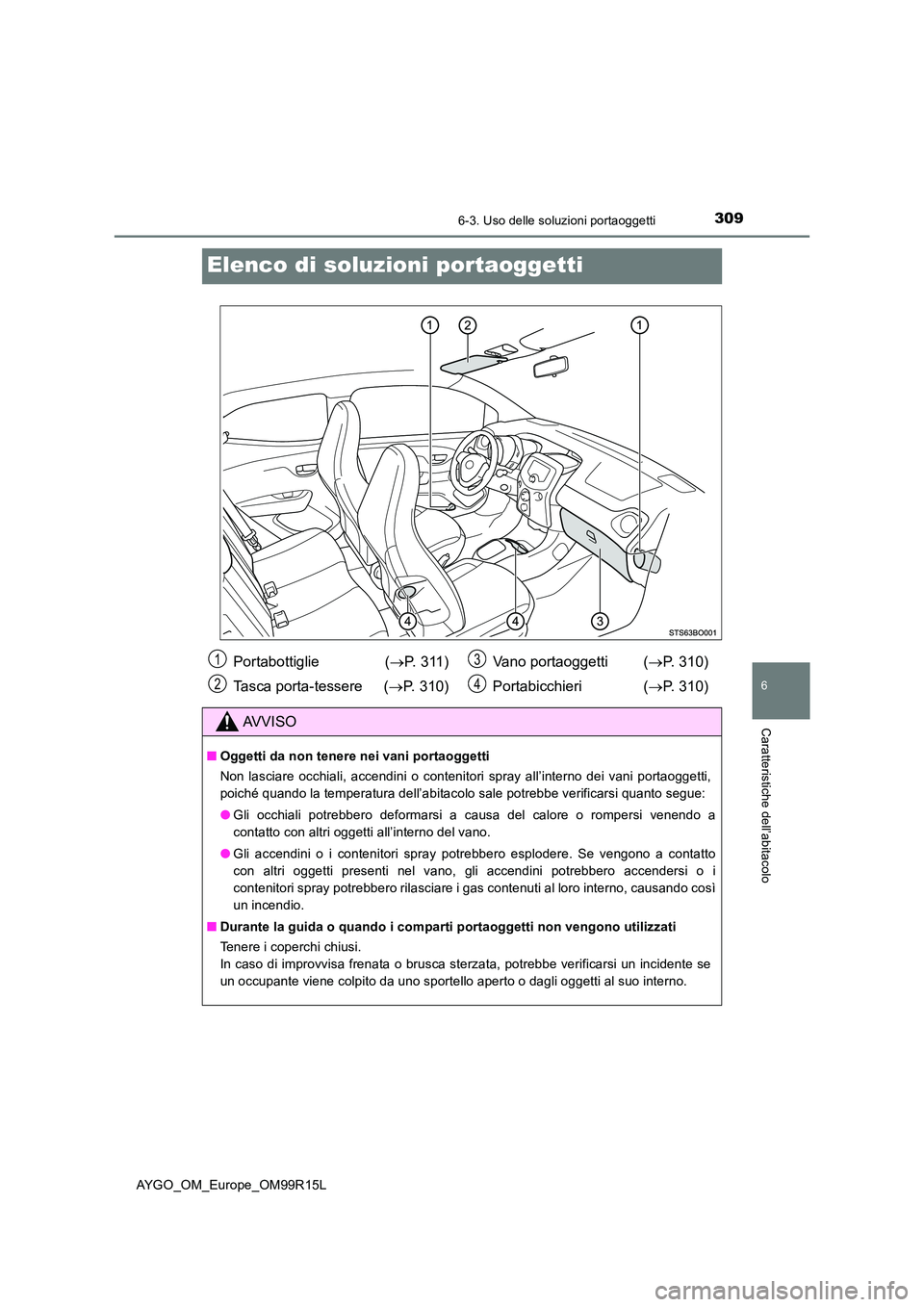 TOYOTA AYGO 2018  Manuale duso (in Italian) 3096-3. Uso delle soluzioni portaoggetti
6
Caratteristiche dell’abitacolo
AYGO_OM_Europe_OM99R15L
Elenco di soluzioni portaoggetti
Portabottiglie  (P. 311) 
Tasca porta-tessere ( P. 310) 
Vano