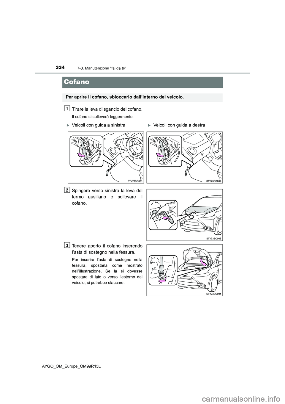 TOYOTA AYGO 2018  Manuale duso (in Italian) 3347-3. Manutenzione “fai da te”
AYGO_OM_Europe_OM99R15L
Cofano
Tirare la leva di sgancio del cofano.
Il cofano si solleverà leggermente.
Spingere verso sinistra la leva del 
fermo ausiliario e s