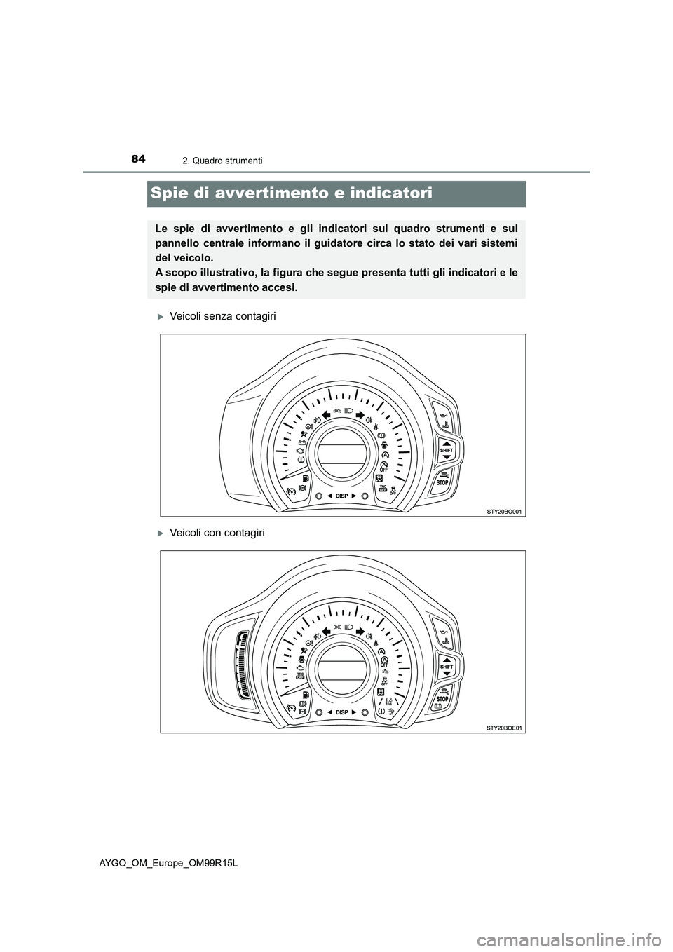 TOYOTA AYGO 2018 Manuale duso (in Italian) 842. Quadro strumenti
AYGO_OM_Europe_OM99R15L
Spie di avvertimento e indicatori
Veicoli senza contagiri
Veicoli con contagiri
Le spie di avvertimento e gli indicatori sul quadro strumenti e sul TOYOTA AYGO 2018 Manuale duso (in Italian) 842. Quadro strumenti
AYGO_OM_Europe_OM99R15L
Spie di avvertimento e indicatori
Veicoli senza contagiri
Veicoli con contagiri
Le spie di avvertimento e gli indicatori sul quadro strumenti e sul