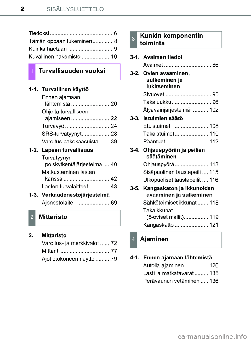 TOYOTA AYGO 2018  Omistajan Käsikirja (in Finnish) SISÄLLYSLUETTELO2
OM99R11FITiedoksi ..........................................6
Tämän oppaan lukeminen ..............8
Kuinka haetaan ..............................9
Kuvallinen hakemisto ..........