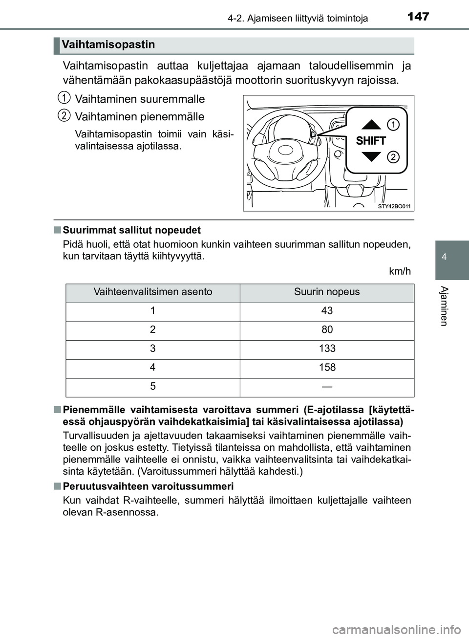 TOYOTA AYGO 2018  Omistajan Käsikirja (in Finnish) 1474-2. Ajamiseen liittyviä toimintoja
4
Ajaminen
OM99R11FI
Vaihtamisopastin auttaa kuljettajaa ajamaan taloudellisemmin ja
vähentämään pakokaasupäästöjä mo ottorin suorituskyvyn rajoissa.
Va