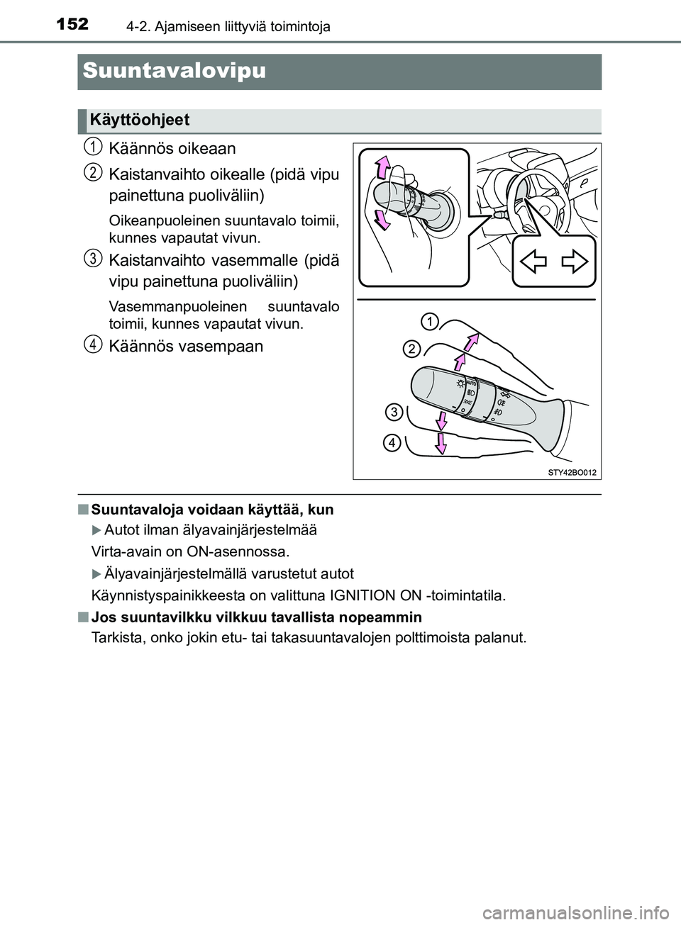 TOYOTA AYGO 2018  Omistajan Käsikirja (in Finnish) 1524-2. Ajamiseen liittyviä toimintoja
OM99R11FI
Suuntavalovipu
Käännös oikeaan
Kaistanvaihto oikealle (pidä vipu
painettuna puoliväliin)
Oikeanpuoleinen suuntavalo toimii,
kunnes vapautat vivun