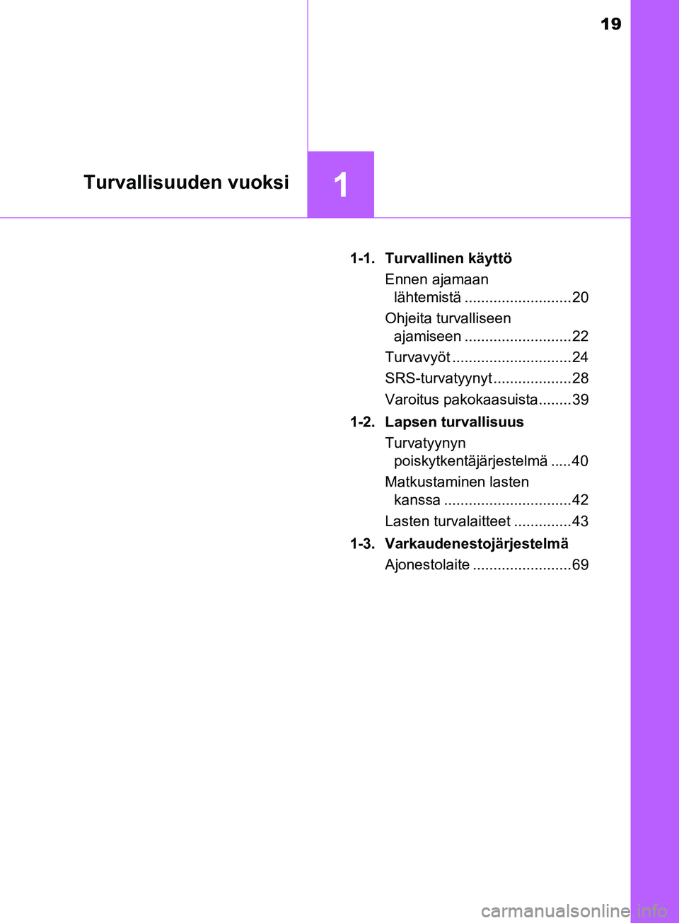 TOYOTA AYGO 2018  Omistajan Käsikirja (in Finnish) 19
1Turvallisuuden vuoksi
OM99R11FI1-1. Turvallinen käyttö
Ennen ajamaanlähtemistä .......................... 20
Ohjeita turvalliseen ajamiseen .......................... 22
Turvavyöt ...........