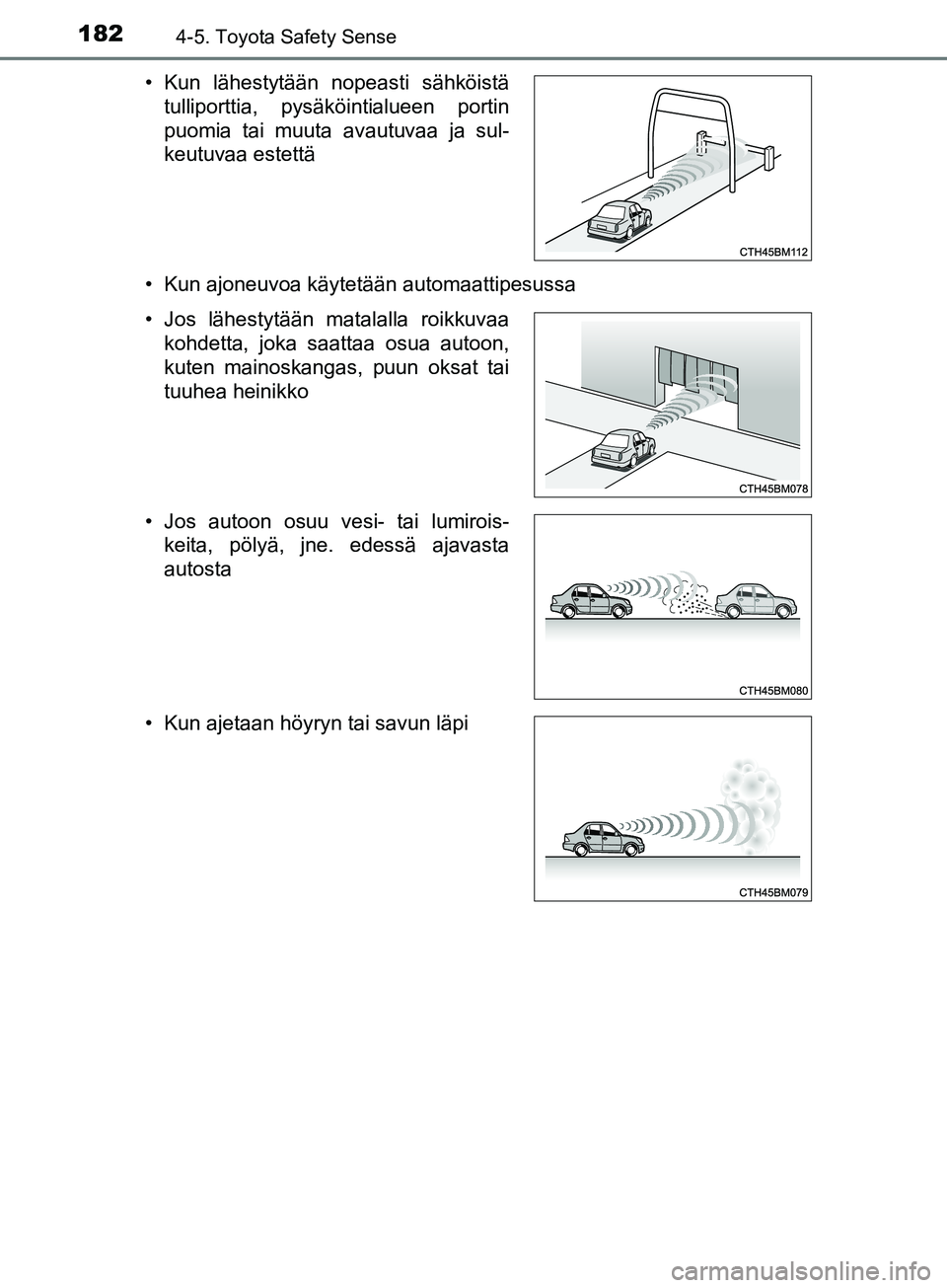 TOYOTA AYGO 2018  Omistajan Käsikirja (in Finnish) 1824-5. Toyota Safety Sense
OM99R11FI• Kun ajoneuvoa käytetään automaattipesussa • Kun lähestytään nopeasti sähköistä
tulliporttia, pysäköintialueen portin
puomia tai muuta avautuvaa ja