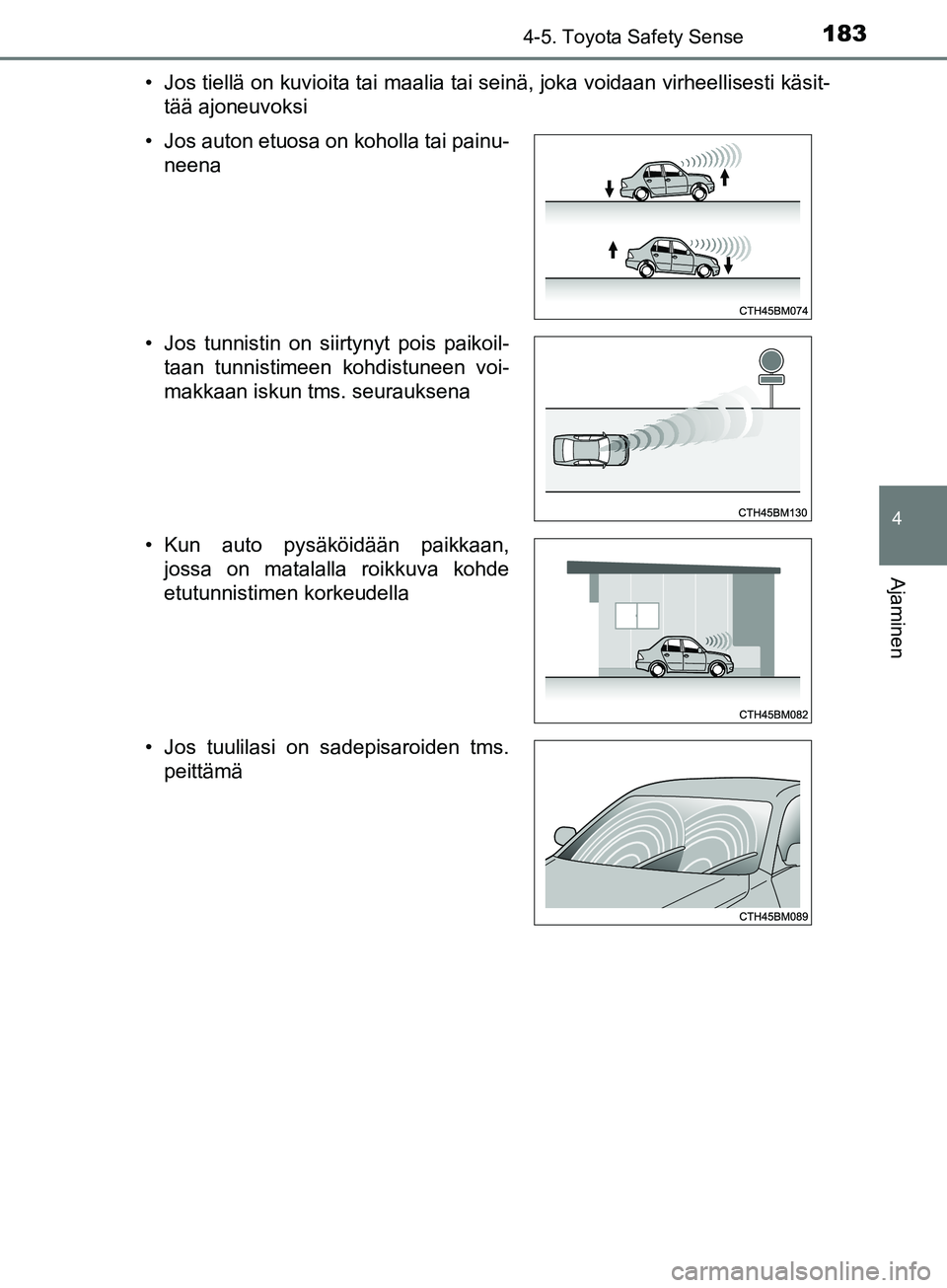 TOYOTA AYGO 2018  Omistajan Käsikirja (in Finnish) 1834-5. Toyota Safety Sense
4
Ajaminen
OM99R11FI• Jos tiellä on kuvioita tai maalia tai seinä, joka voidaan virheellisesti käsit-
tää ajoneuvoksi
• Jos auton etuosa on koholla tai painu- neen