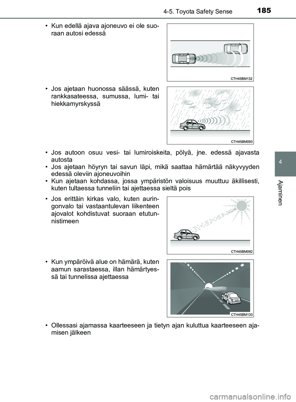 TOYOTA AYGO 2018  Omistajan Käsikirja (in Finnish) 1854-5. Toyota Safety Sense
4
Ajaminen
OM99R11FI• Jos autoon osuu vesi- tai lumiroiskeita, pölyä, jne. edessä ajavasta
autosta
• Jos ajetaan höyryn tai savun läpi, mikä saattaa hämärtää 