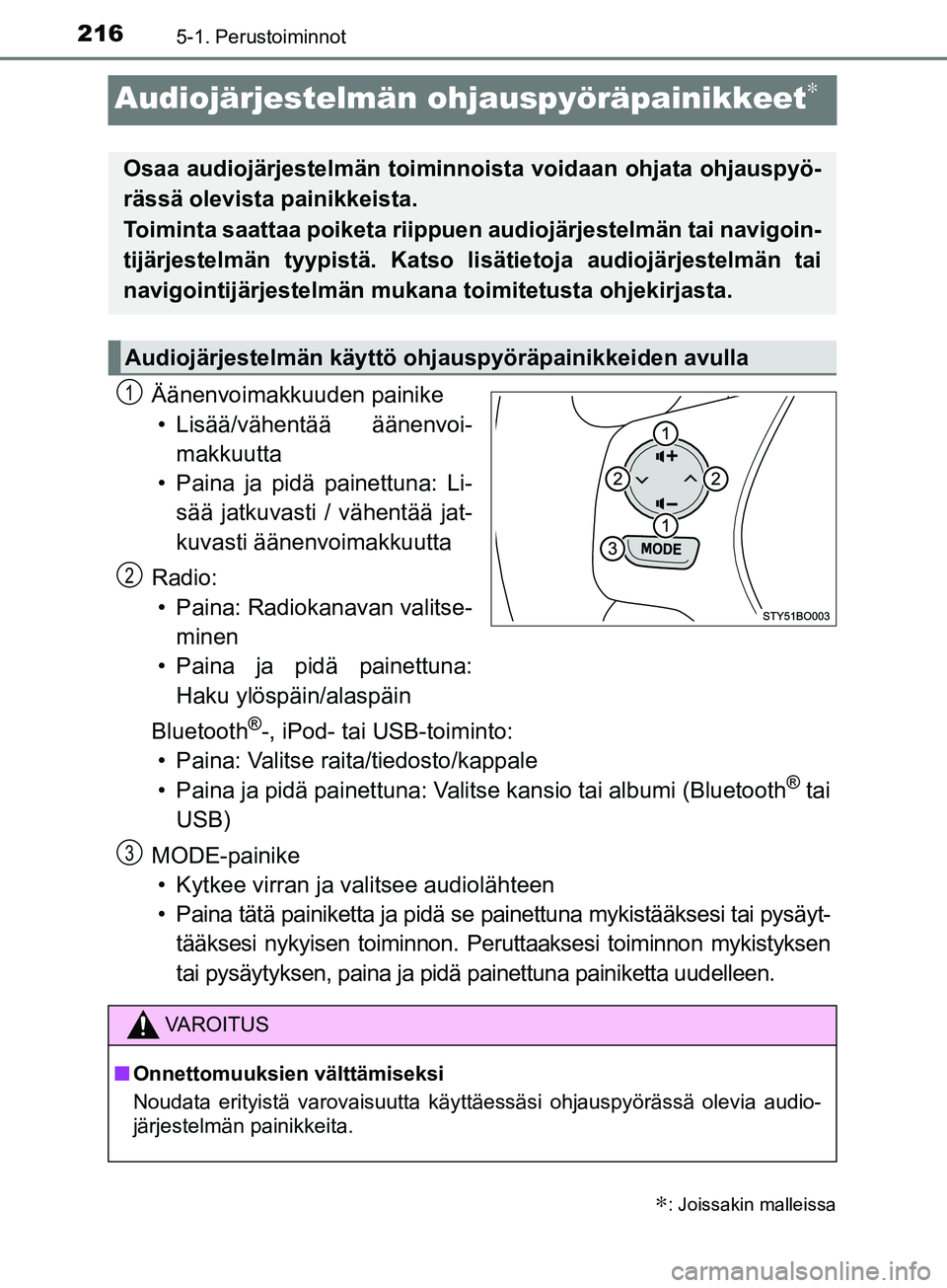 TOYOTA AYGO 2018  Omistajan Käsikirja (in Finnish) 2165-1. Perustoiminnot
OM99R11FI
Audiojärjestelmän ohjauspyöräpainikkeet∗
Äänenvoimakkuuden painike
• Lisää/vähentää äänenvoi- makkuutta
• Paina ja pidä painettuna: Li- sää jatku
