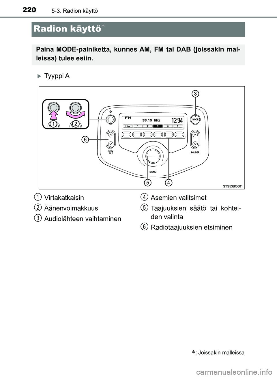 TOYOTA AYGO 2018 Omistajan Käsikirja (in Finnish) 2205-3. Radion käyttö
OM99R11FI
Radion käyttö∗
Ty y p p i A
∗: Joissakin malleissa
Paina MODE-painiketta, kunnes AM, FM tai DAB (joissakin mal-
leissa) tulee esiin.
Virtakatkaisin
Äänenv TOYOTA AYGO 2018 Omistajan Käsikirja (in Finnish) 2205-3. Radion käyttö
OM99R11FI
Radion käyttö∗
Ty y p p i A
∗: Joissakin malleissa
Paina MODE-painiketta, kunnes AM, FM tai DAB (joissakin mal-
leissa) tulee esiin.
Virtakatkaisin
Äänenv