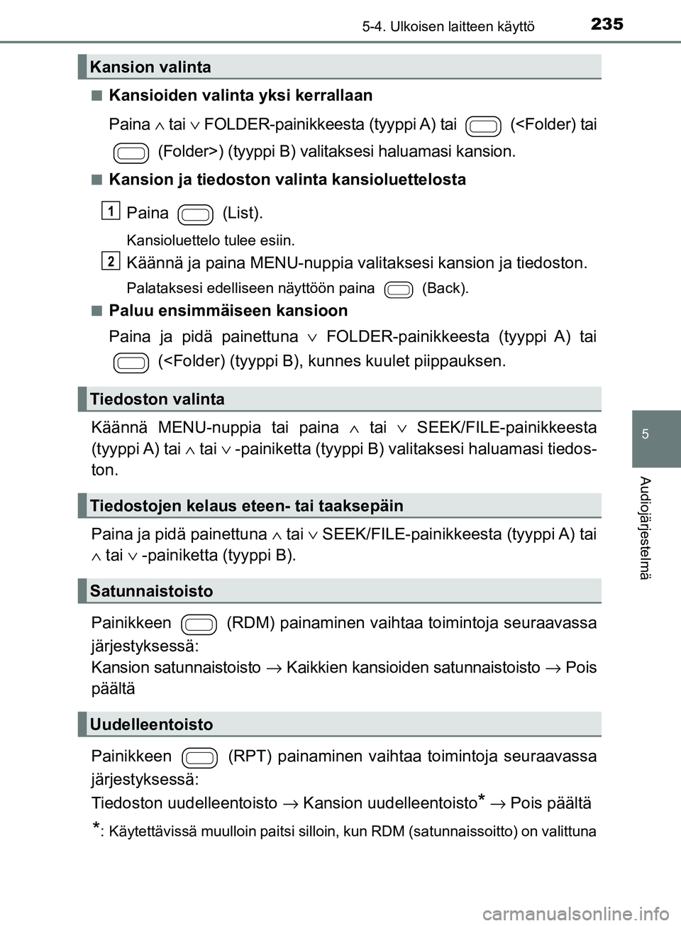 TOYOTA AYGO 2018 Omistajan Käsikirja (in Finnish) 2355-4. Ulkoisen laitteen käyttö
5
Audiojärjestelmä
OM99R11FIn
Kansioiden valinta yksi kerrallaan
Paina
∧ tai ∨ FOLDER-painikkeesta (tyyppi A) tai (<Folder) tai
(Folder>) (tyyppi B) vali TOYOTA AYGO 2018 Omistajan Käsikirja (in Finnish) 2355-4. Ulkoisen laitteen käyttö
5
Audiojärjestelmä
OM99R11FIn
Kansioiden valinta yksi kerrallaan
Paina
∧ tai ∨ FOLDER-painikkeesta (tyyppi A) tai (<Folder) tai
(Folder>) (tyyppi B) vali