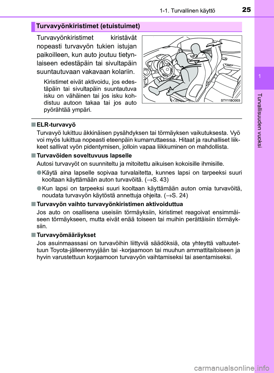TOYOTA AYGO 2018 Omistajan Käsikirja (in Finnish) 251-1. Turvallinen käyttö
1
Turvallisuuden vuoksi
OM99R11FI
Turvavyönkiristimet kiristävät
nopeasti turvavyön tukien istujan
paikoilleen, kun auto joutuu tietyn-
laiseen edestäpäin tai sivulta TOYOTA AYGO 2018 Omistajan Käsikirja (in Finnish) 251-1. Turvallinen käyttö
1
Turvallisuuden vuoksi
OM99R11FI
Turvavyönkiristimet kiristävät
nopeasti turvavyön tukien istujan
paikoilleen, kun auto joutuu tietyn-
laiseen edestäpäin tai sivulta
