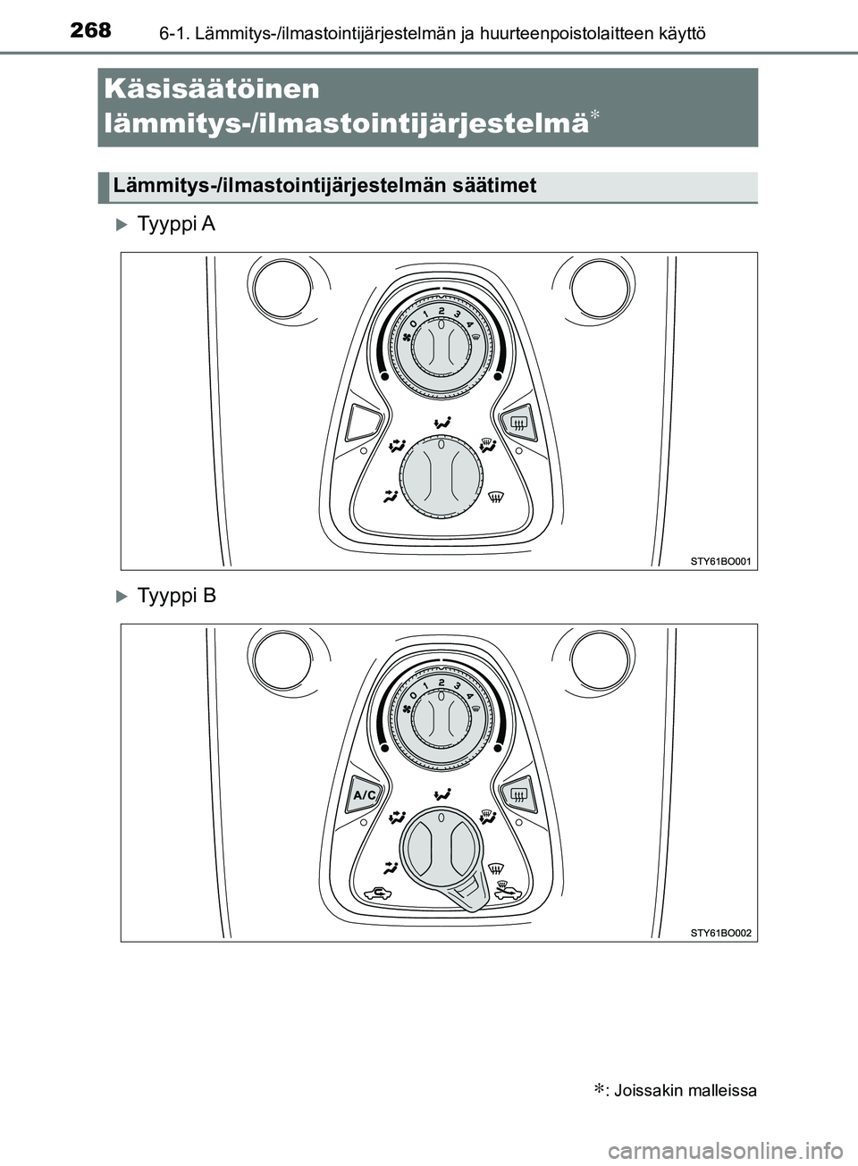 TOYOTA AYGO 2018  Omistajan Käsikirja (in Finnish) 2686-1. Lämmitys-/ilmastointijärjestelmän ja huurteenpoistolaitteen käyttö
OM99R11FI
Käsisäätöinen
lämmitys-/ilmastointijärjestelmä
∗
Ty y p p i  A
Ty y p p i  B
∗: Joissakin mal