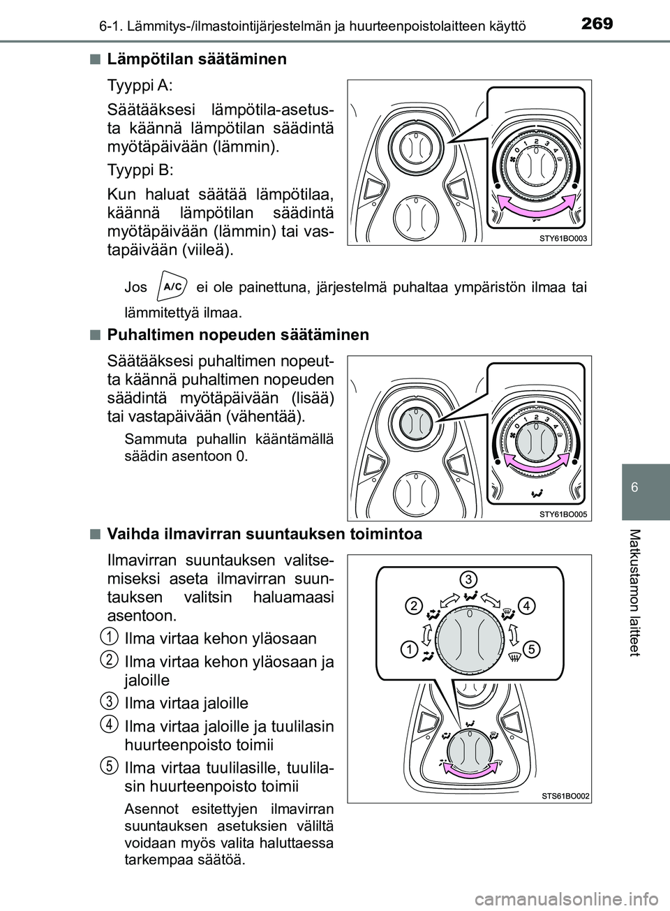 TOYOTA AYGO 2018  Omistajan Käsikirja (in Finnish) 2696-1. Lämmitys-/ilmastointijärjestelmän ja huurteenpoistolaitteen käyttö
6
Matkustamon laitteet
OM99R11FIn
Lämpötilan säätäminen
Ty y p p i  A :
Säätääksesi lämpötila-asetus-
ta kä